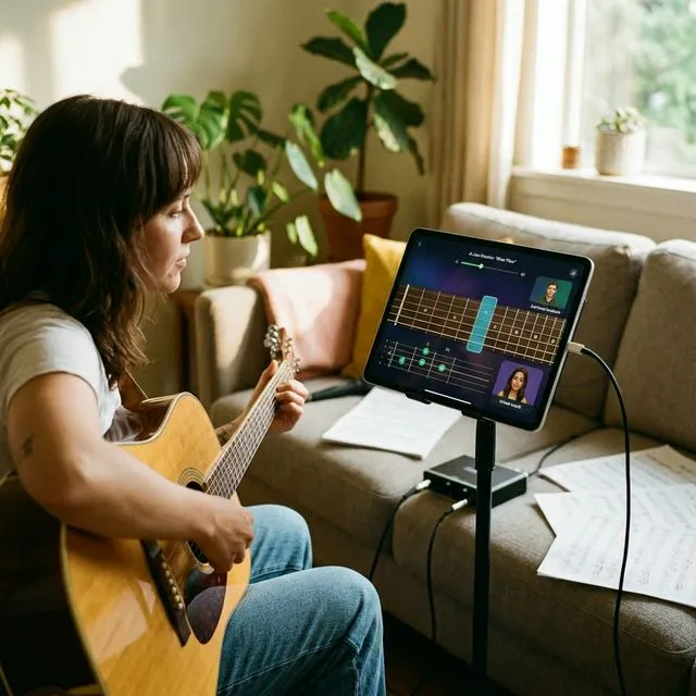 A musician practicing guitar with an AI-powered app on a nearby screen