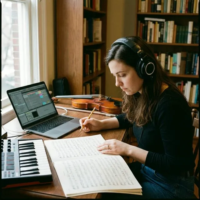 A musician studying sheet music with headphones on and a laptop open