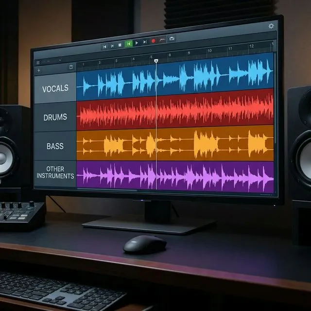 A waveform display showing separated audio stems for vocals, drums, bass, and other instruments